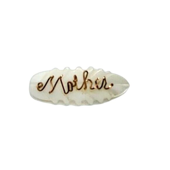 Brooch Mother of Pearl Gold Wire "MOTHER" Carved Leaf - Picture 1 of 2